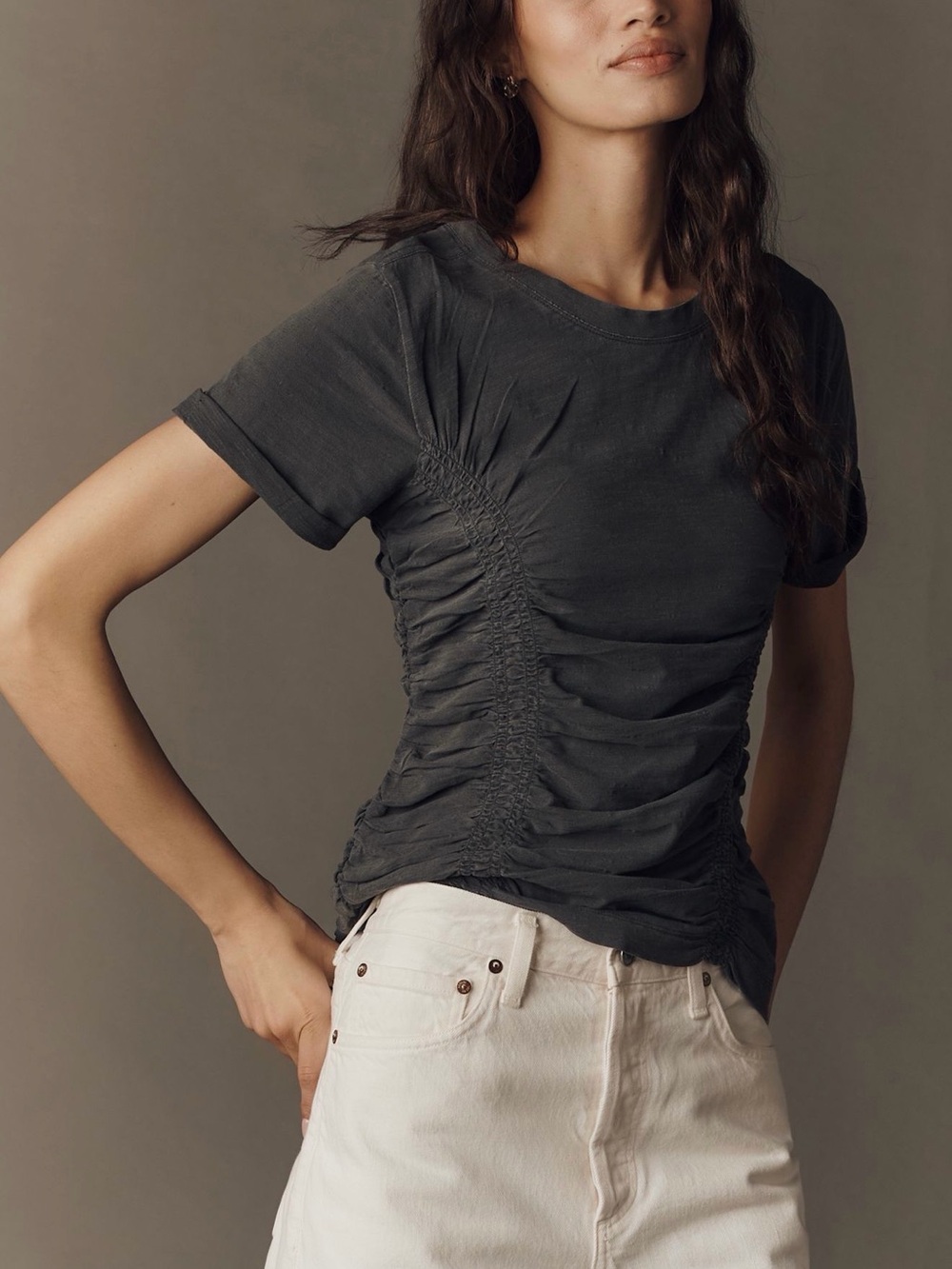 Pilcro Washed Black Short-Sleeve Ruched Tee